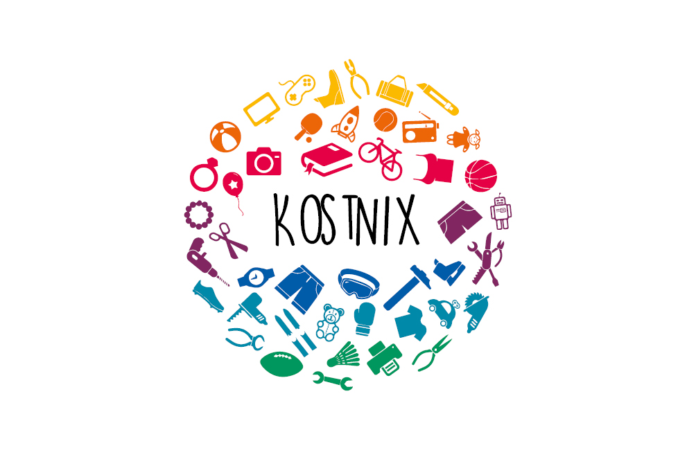 Das Logo des Vereins Kostnix. Verschiedene Gegenstände sind in bunten Farben um den Schriftzug Kostnix angeordnet.